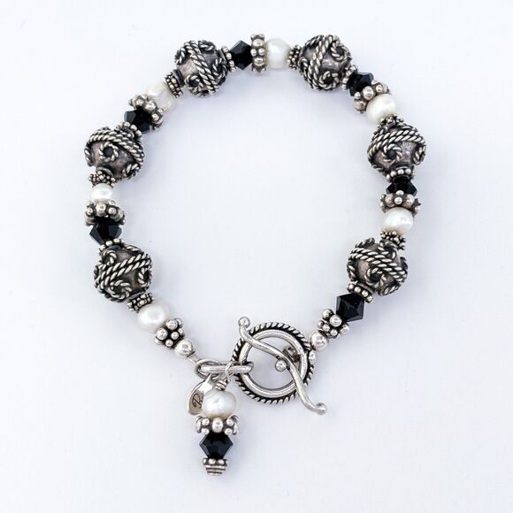 Bella Jewelry - Vintage Bella Sterling Silver 925 Pearl Black Crystal Beaded Bracelet 7.5"